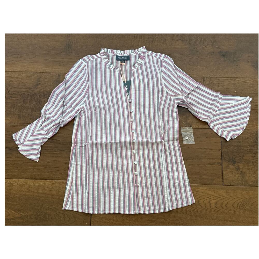 ModCloth Professional Pizzaz Striped Bell Sleeve Button Up Blouse Top XXS NWT